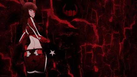 Black Gold Saw from the anime Black Rock Shooter stands confidently against a dramatic red and black background, making this HD wallpaper a striking choice for desktop aesthetics.