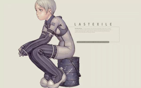 Anime, Last Exile HD PC desktop wallpaper and background: pale-haired pilot in a fitted suit sits on a weathered barrel against a muted backdrop with minimalist title and UI-like text.