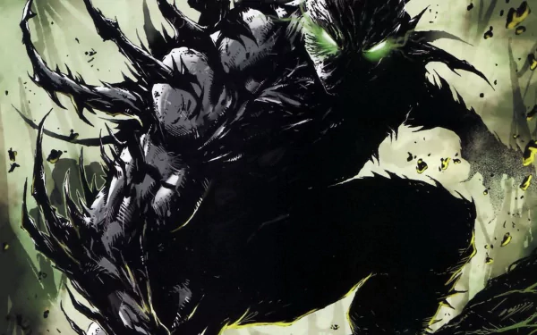 HD PC desktop wallpaper featuring Spawn from Marvel Comics in a dark, dynamic comic-style illustration with glowing green eyes and intense shadow effects.