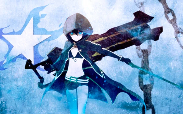 Anime-themed HD desktop wallpaper featuring Black Rock Shooter, showcasing a character in a dark cloak wielding a large weapon against a blue and misty background.