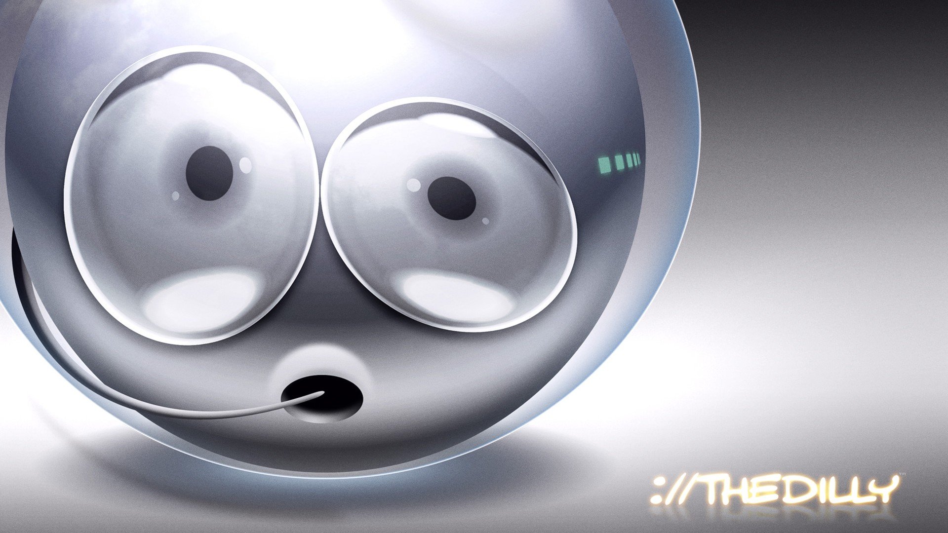 Funny smiley inside a glossy glass sphere, wide-eyed and surprised; HD PC desktop wallpaper and background with soft gray gradient and subtle reflections.
