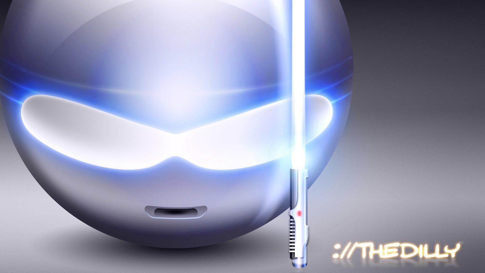A shiny, futuristic smiley face with glowing eyes and a light saber, set against a smooth gradient background, for a funny HD PC desktop wallpaper.