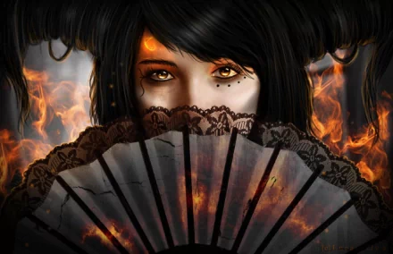 A HD fantasy desktop wallpaper featuring a woman with intense eyes holding a fan, surrounded by flames and fire in the background.