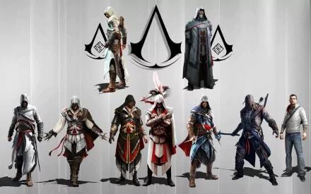 HD desktop wallpaper featuring characters Desmond Miles, Altair, Ezio, and Connor from Assassin's Creed with the Assassin's Creed logo in the background.