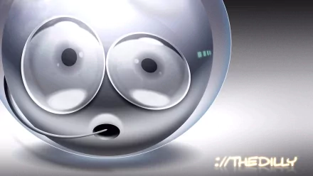 Funny smiley inside a glossy glass sphere, wide-eyed and surprised; HD PC desktop wallpaper and background with soft gray gradient and subtle reflections.