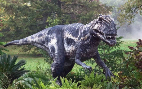 HD desktop wallpaper of a majestic Tyrannosaurus Rex standing amidst lush greenery and dense forest foliage.
