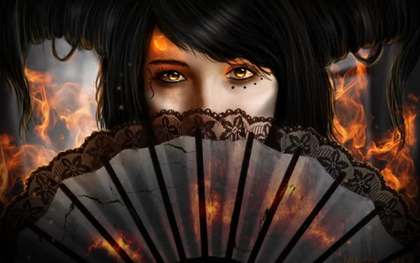 A HD fantasy desktop wallpaper featuring a woman with intense eyes holding a fan, surrounded by flames and fire in the background.