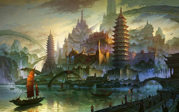 Fantasy Oriental River Boat Bridge Building Town Reflection HD Wallpaper | Background Image