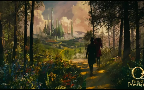 HD PC desktop wallpaper featuring a fantasy scene from the movie Oz the Great and Powerful, showing a vibrant path leading to a glowing Emerald City in the distance.