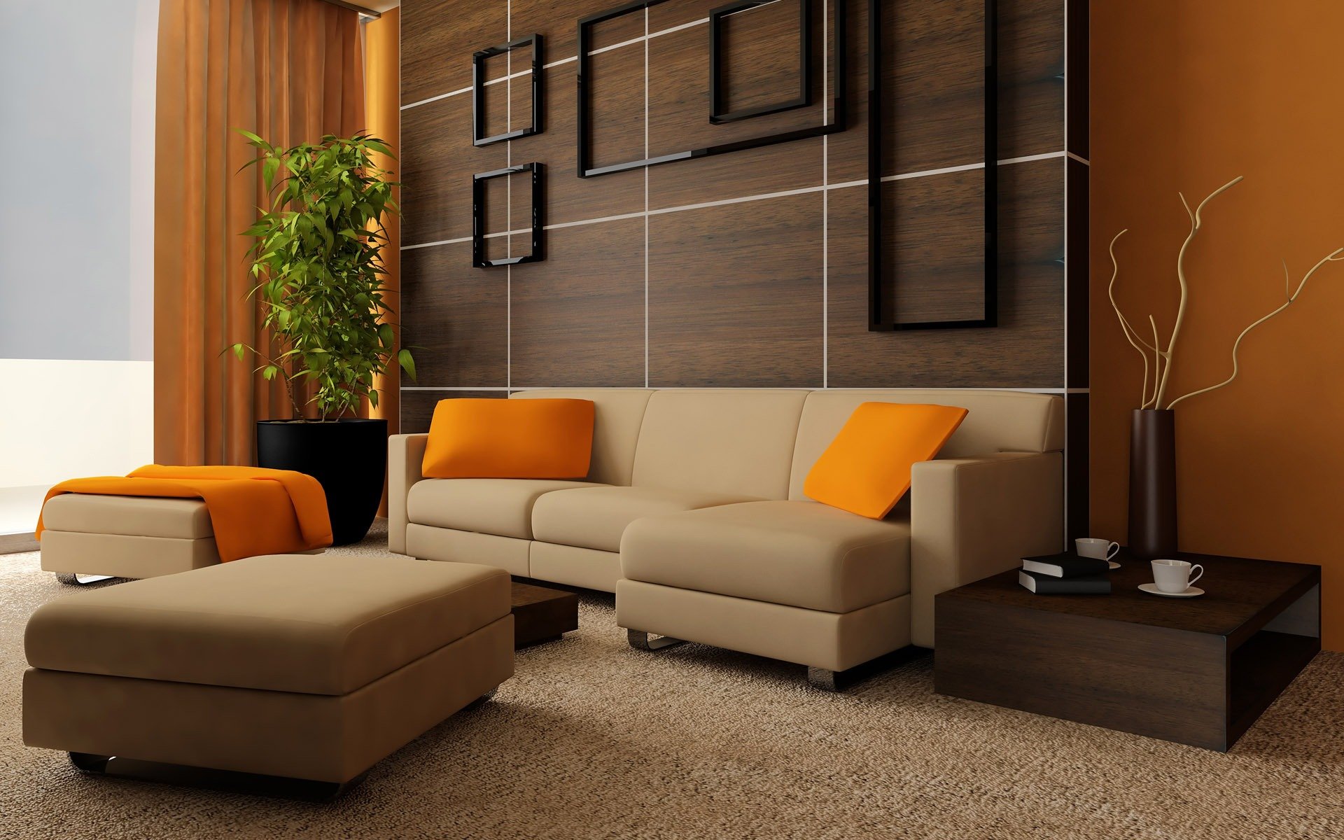 HD PC desktop wallpaper of a modern man-made room featuring a beige sectional sofa with orange cushions, a matching ottoman, and minimalist wall decor.