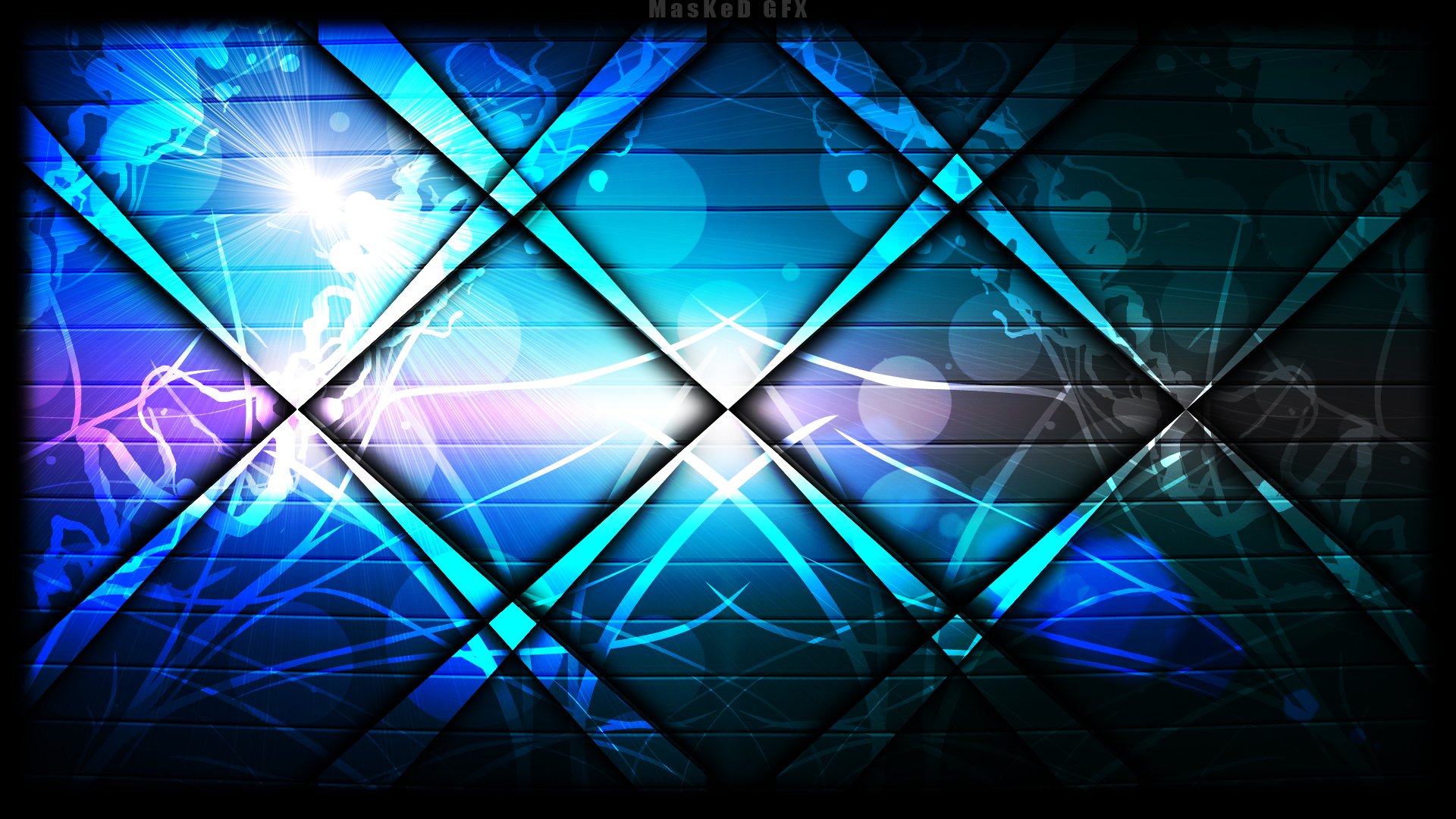 Abstract blue geometric design with intersecting diagonal lines and glowing light effects, creating a dynamic HD PC desktop wallpaper and background.