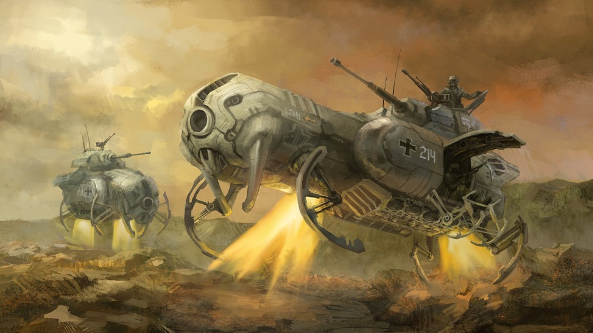 HD sci-fi desktop wallpaper depicting futuristic armored spaceships flying low over a rugged terrain under a cloudy, ominous sky.