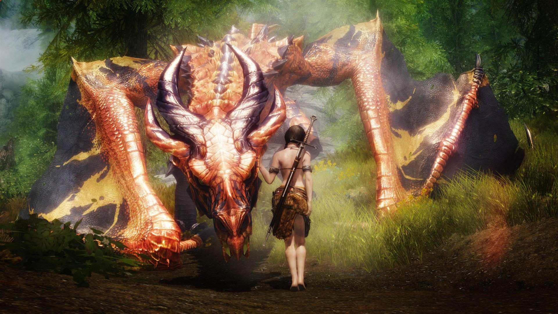 A stunning HD wallpaper from The Elder Scrolls V: Skyrim, featuring a majestic dragon and a lone adventurer in a vibrant forest setting.