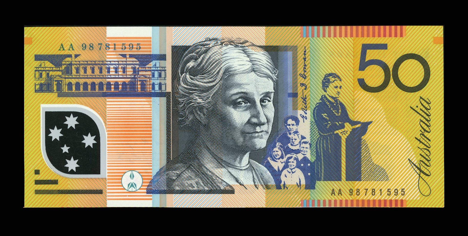 HD desktop wallpaper featuring a detailed, man-made close-up of a 50 Australian Dollar banknote with portraits and intricate design elements.