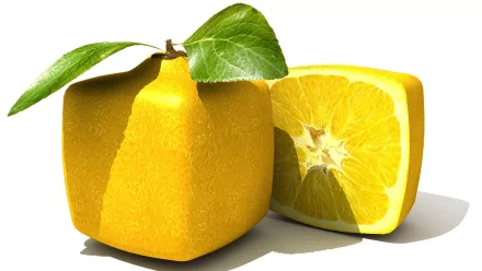 HD desktop wallpaper featuring a vibrant yellow square lemon with a green leaf alongside a halved round lemon, highlighting unique food imagery.