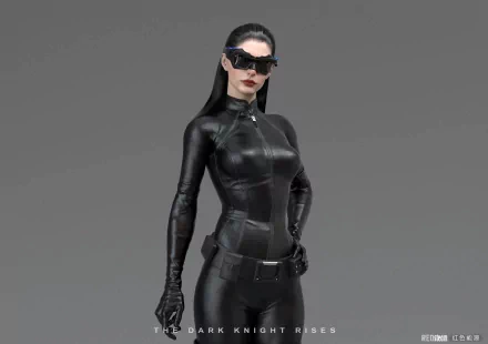 HD PC desktop wallpaper featuring a character in a sleek black suit from the movie The Dark Knight Rises against a plain gray background.