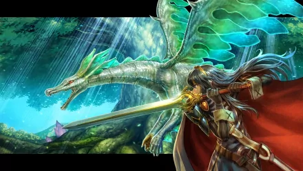 A stunning HD wallpaper featuring a warrior from Fire Emblem Awakening confronting a majestic dragon in a vibrant forest scene, illuminated by rays of light.