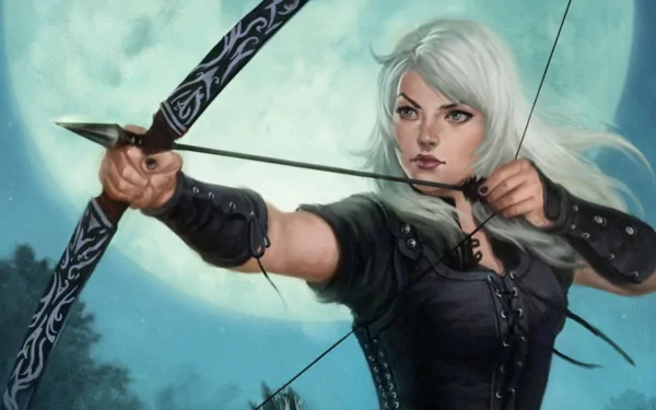 Fantasy-themed HD PC desktop wallpaper depicting a focused female archer with white hair drawing a bow against a moonlit night sky.