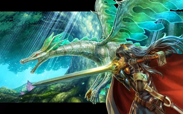 A stunning HD wallpaper featuring a warrior from Fire Emblem Awakening confronting a majestic dragon in a vibrant forest scene, illuminated by rays of light.