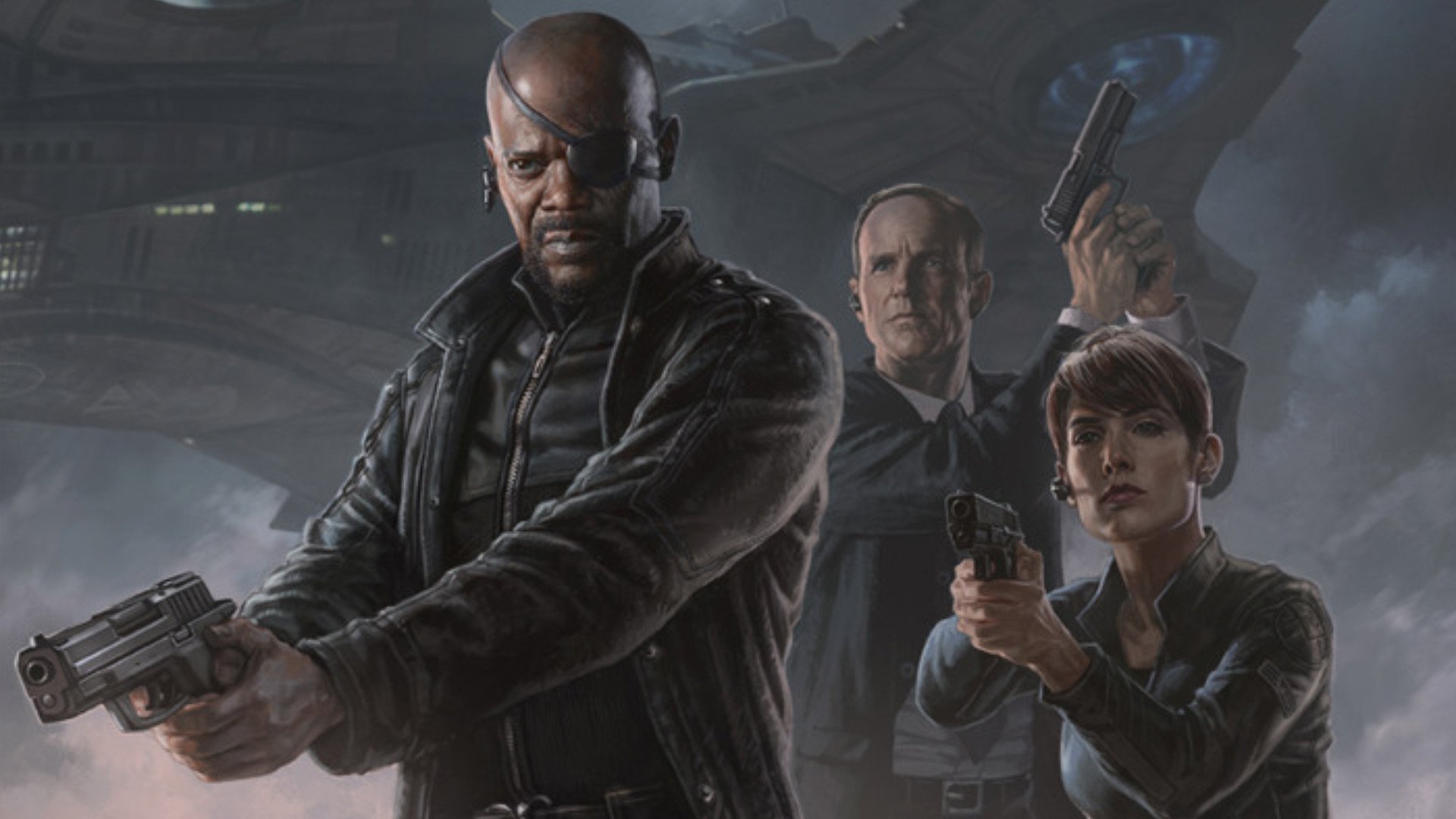 A high-definition wallpaper featuring Nick Fury, Phil Coulson, and Maria Hill, armed and ready for action. Comic-style depiction of iconic Avengers characters with an intense backdrop.