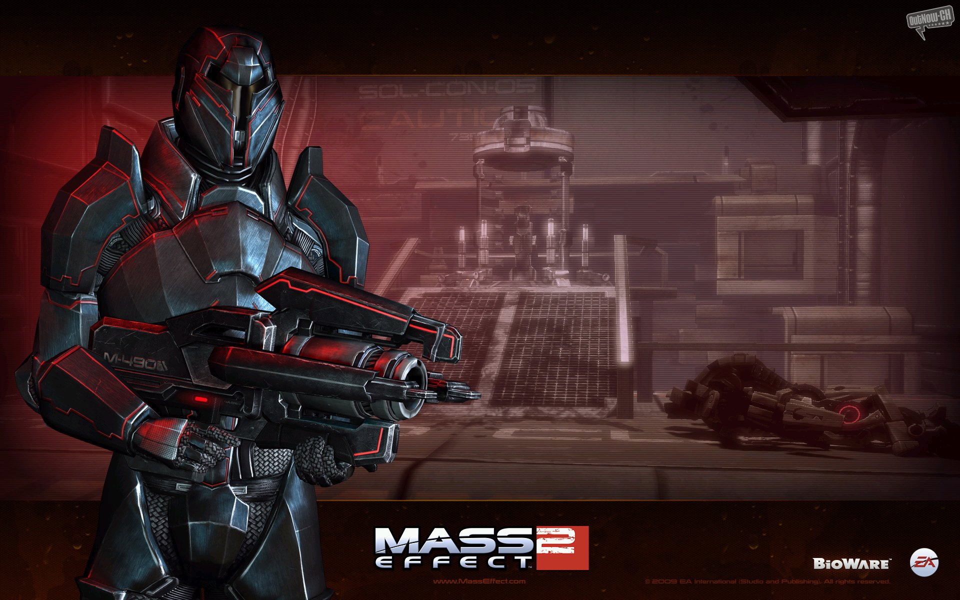 Mass Effect 2 video game HD PC desktop wallpaper/background: armored soldier in red-lit futuristic cityscape holding a heavy rifle, Mass Effect 2 logo at the bottom.