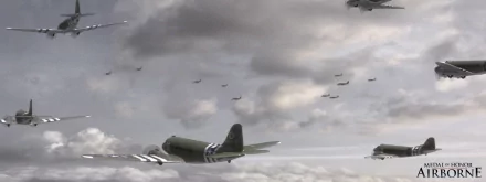 A dramatic scene from Medal of Honor featuring military aircraft flying through a cloud-filled sky, capturing the intense atmosphere of this iconic video game.