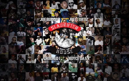 A vibrant HD desktop wallpaper featuring a collage of rap artists with the Slaughterhouse logo prominently displayed, encapsulating the essence of hip-hop music culture.