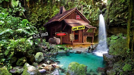 A vibrant HD desktop wallpaper featuring a whimsical love-themed shack nestled in lush greenery beside a serene waterfall and clear pool, showcasing creative photography manipulation.