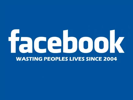 A bold Facebook logo on a vibrant blue background, featuring the tagline Wasting People's Lives Since 2004. This HD desktop wallpaper embodies technology and social media culture.
