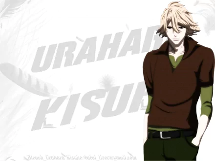 HD PC desktop wallpaper of Kisuke Urahara (Bleach): he stands relaxed in green and brown clothing against a pale backdrop with large URAHARA KISUKE lettering.