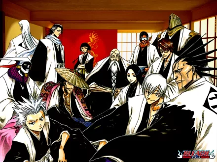 Bleach HD PC wallpaper of Soul Society leaders: Yamamoto, Aizen, Byakuya, Kenpachi, Hitsugaya, Shunsui, Ukitake, Unohana, Mayuri, Komamura, Tosen, Soifon, Gin Ichimaru