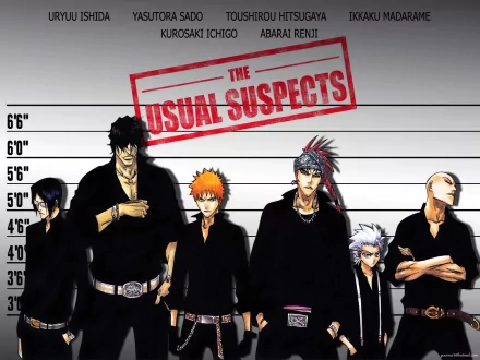 Bleach HD desktop wallpaper showing Ichigo Kurosaki, Renji Abarai, Ikkaku Madarame, Tōshirō Hitsugaya, Yasutora Sado and Uryu Ishida in a mugshot lineup with a red The Usual Suspects stamp.