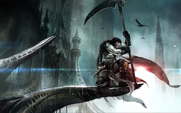 A dramatic HD wallpaper from Darksiders II, featuring a character wielding a massive scythe, set against a haunting, shadowy landscape with gothic structures and flying crows.