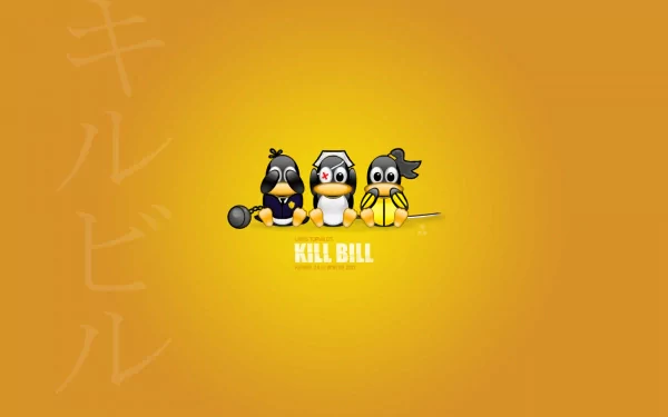 HD PC desktop wallpaper featuring three cartoon birds styled as characters from the movie Kill Bill: Vol. 1 on a yellow background with Japanese text.
