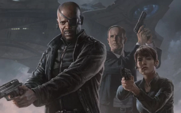 A high-definition wallpaper featuring Nick Fury, Phil Coulson, and Maria Hill, armed and ready for action. Comic-style depiction of iconic Avengers characters with an intense backdrop.
