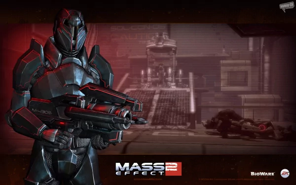 Mass Effect 2 video game HD PC desktop wallpaper/background: armored soldier in red-lit futuristic cityscape holding a heavy rifle, Mass Effect 2 logo at the bottom.