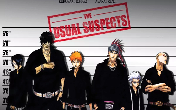 Bleach HD desktop wallpaper showing Ichigo Kurosaki, Renji Abarai, Ikkaku Madarame, Tōshirō Hitsugaya, Yasutora Sado and Uryu Ishida in a mugshot lineup with a red The Usual Suspects stamp.