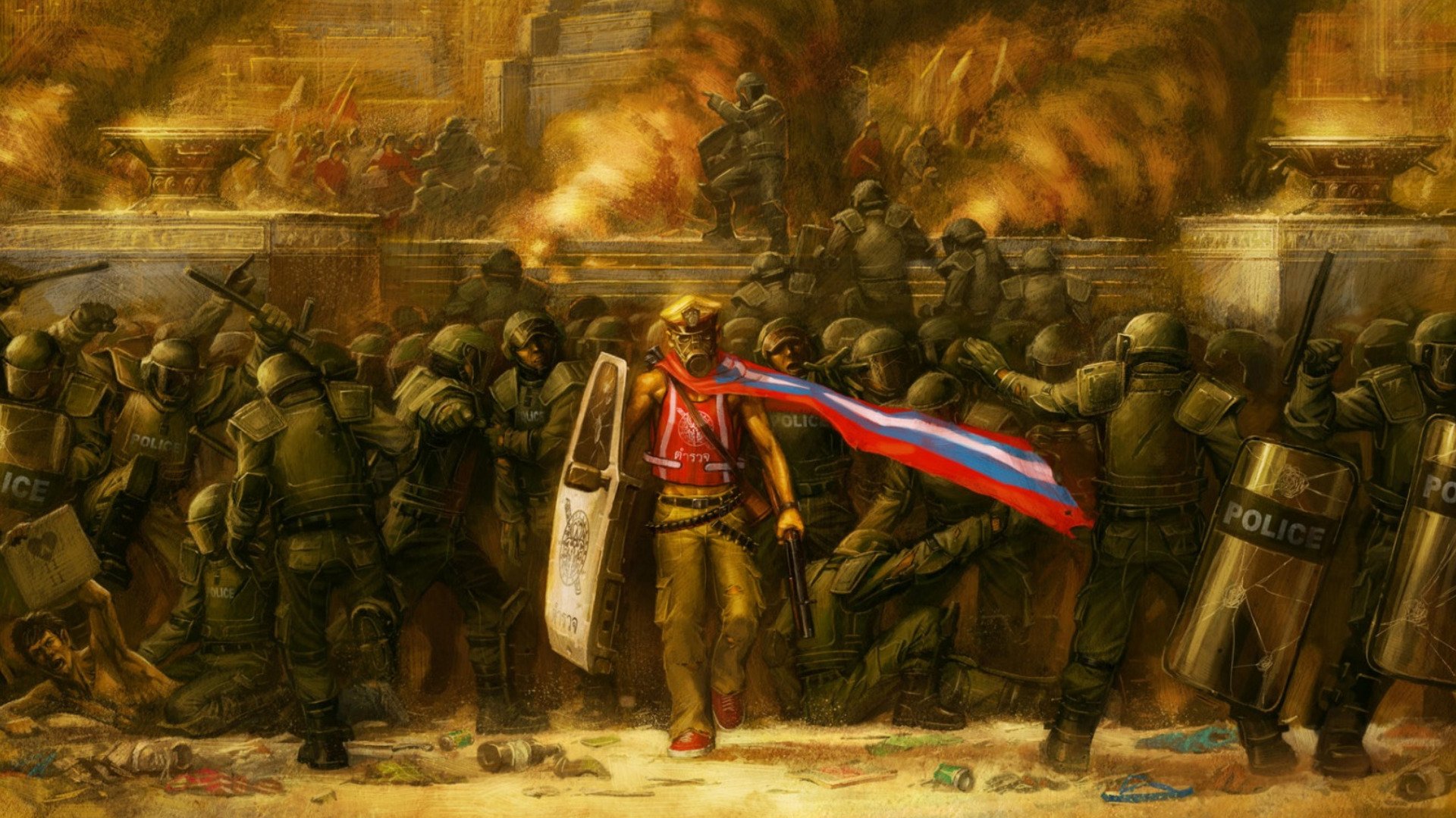 HD PC desktop wallpaper depicting a dark, intense anarchy scene with a lone figure wearing a red scarf amidst clashing riot police and fiery chaos.