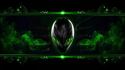 HD desktop wallpaper featuring Alienware logo with glowing green eyes surrounded by smoky green technology graphics on a dark background.