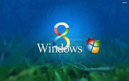 A bright blue desktop wallpaper featuring the Windows 8 logo and the classic Windows symbol, set against a backdrop of soft grass, showcasing Microsoft technology.
