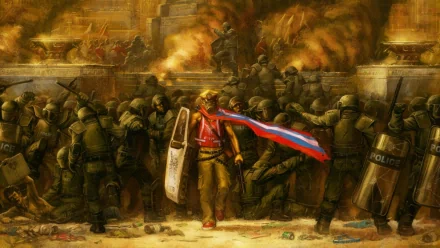 HD PC desktop wallpaper depicting a dark, intense anarchy scene with a lone figure wearing a red scarf amidst clashing riot police and fiery chaos.