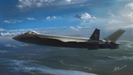 A dramatic 4K Ultra HD wallpaper featuring the Chengdu J-20, a stealth military jet soaring through a vibrant sky with clouds and another aircraft in the background.