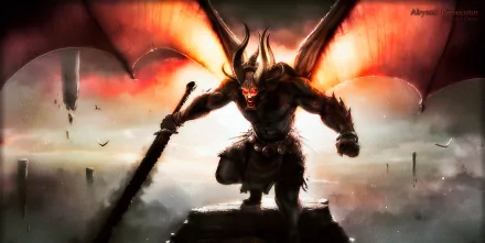 HD PC desktop wallpaper featuring a dark, menacing demon with large wings and a massive sword, set against a fiery and smoky background.