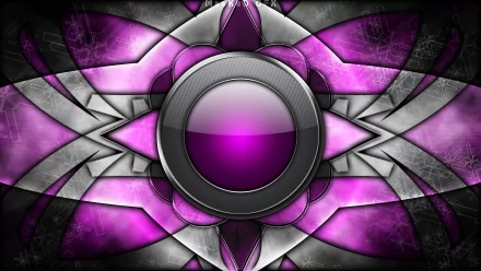 HD PC desktop wallpaper featuring an abstract design with intricate purple and silver geometric patterns centered around a glossy circular element.