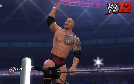 HD PC desktop wallpaper featuring a wrestler celebrating in-ring from the video game WWE '12 with the game's logo visible in the top right corner.