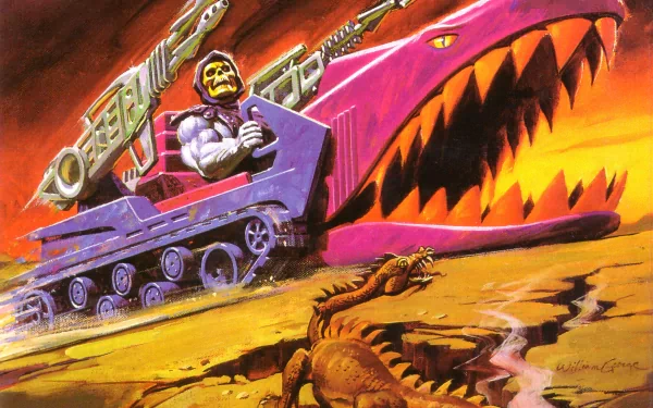 TV show He-Man and the Masters of the Universe 2K Quad HD PC desktop wallpaper: Skeletor steers a purple, shark-mouthed tank across a cracked desert as lizards flee.