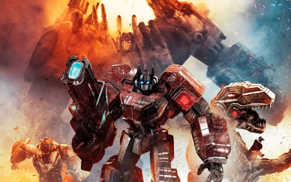 Dynamic HD wallpaper featuring characters from Transformers: Fall of Cybertron, showcasing epic robot battles amidst explosions and dramatic colors.