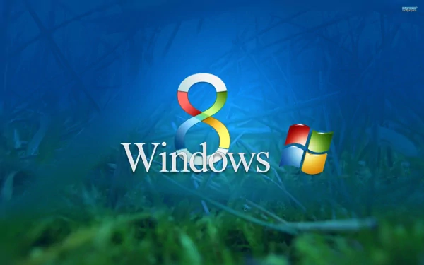 A bright blue desktop wallpaper featuring the Windows 8 logo and the classic Windows symbol, set against a backdrop of soft grass, showcasing Microsoft technology.