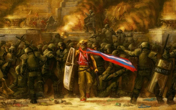 HD PC desktop wallpaper depicting a dark, intense anarchy scene with a lone figure wearing a red scarf amidst clashing riot police and fiery chaos.