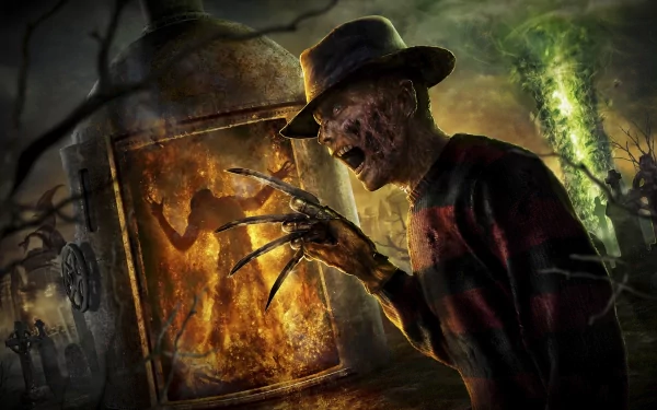 Freddy Krueger from A Nightmare on Elm Street (2010) reaching with bladed glove toward a fiery furnace; 2K Quad HD PC Desktop Wallpaper and Background.